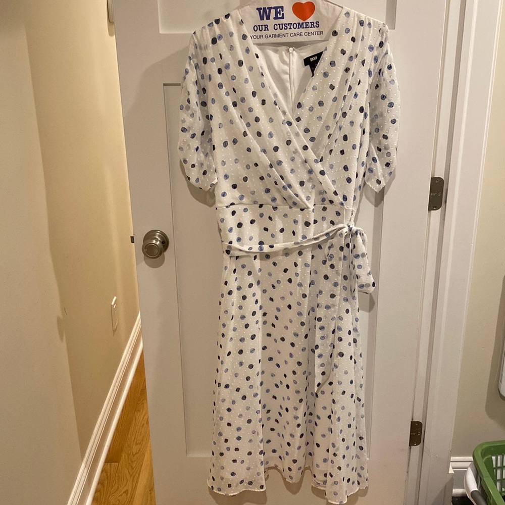 DKNY Blue and white polka dot midi dress